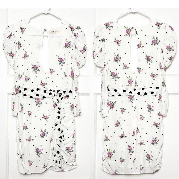 FOR LOVE LEMONS Floral Puff Sleeve Ruched Heart‎ Ruffle Belt Faux Wrap Dress XS - Picture 13 of 16